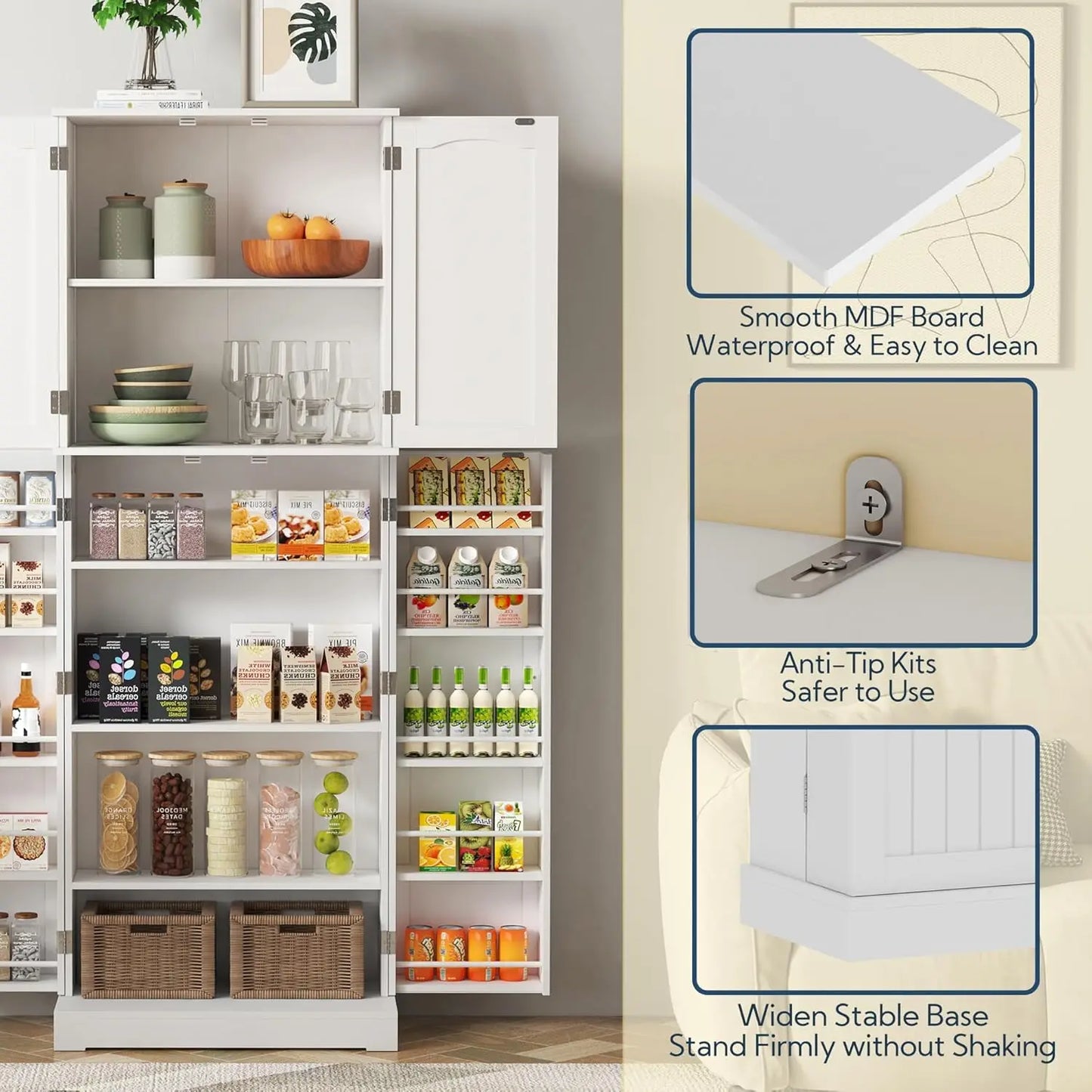 High kitchen cabinet with enclosed shelving for tidy pantry space