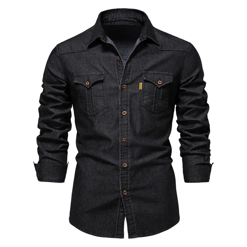Men's casual solid - color long - sleeve denim shirt