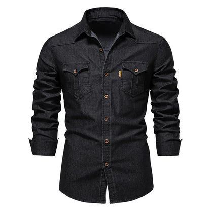 Men's casual solid - color long - sleeve denim shirt