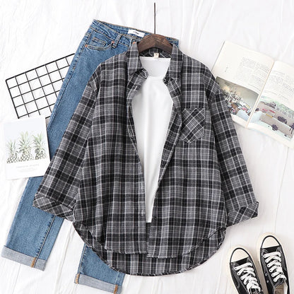 Women’s loose plaid shirt long-sleeve casual checked blouse