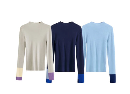 Slim-fit color-contrast pullover minimalist half-high collar sweater