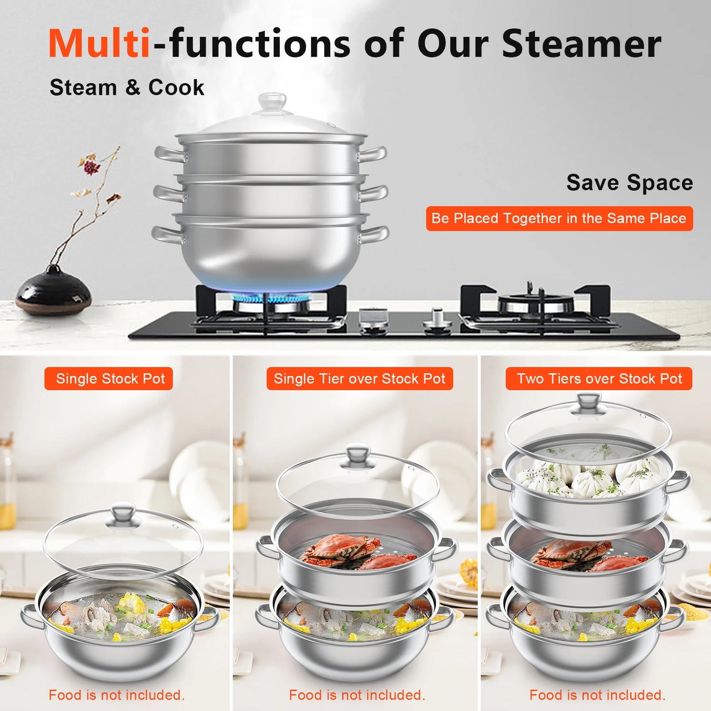 28cm 3-tier stainless steel food steamer for vegetables and large pots