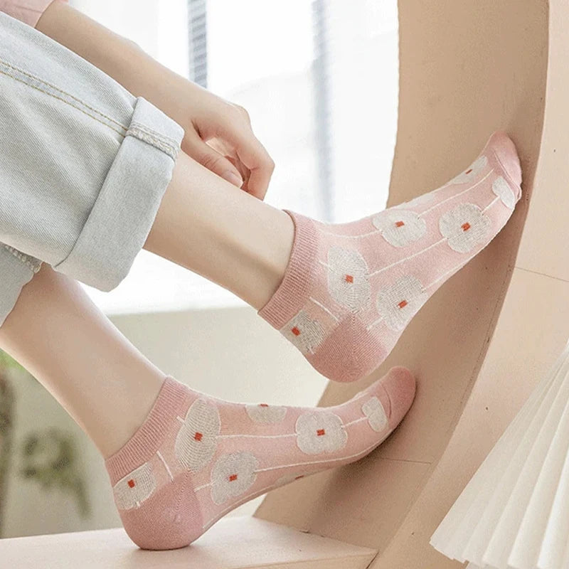 5 Pairs Kawaii 3D Flower Ankle Socks – Thin Low Cut