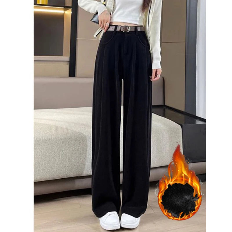 Straight-leg plush thermal trousers for casual wear