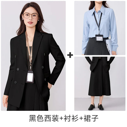 College-style blazer and pleated skirt outfit
