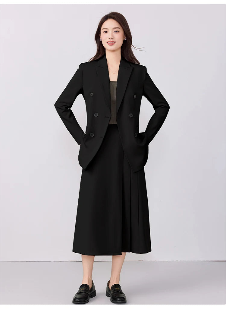 College-style blazer and pleated skirt outfit