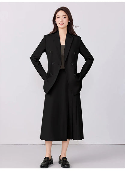 College-style blazer and pleated skirt outfit
