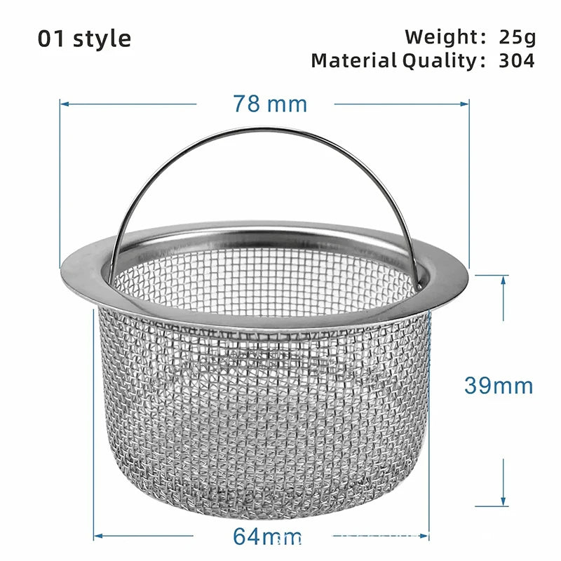 Durable stainless steel drain filter with fine mesh design; fits most sink drain holes