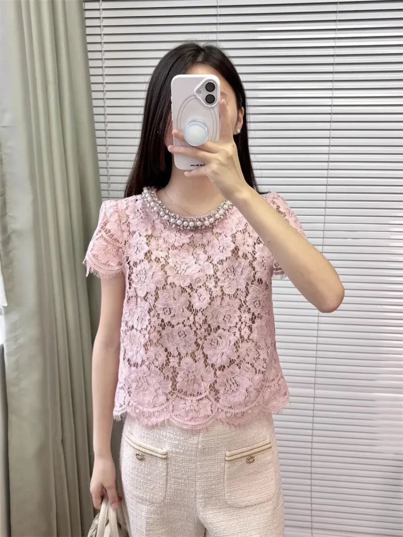 Flower lace hollow-out short sleeve top pearl-embellished