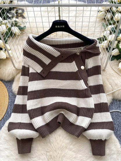Chic stripe off-shoulder sweater with buttons