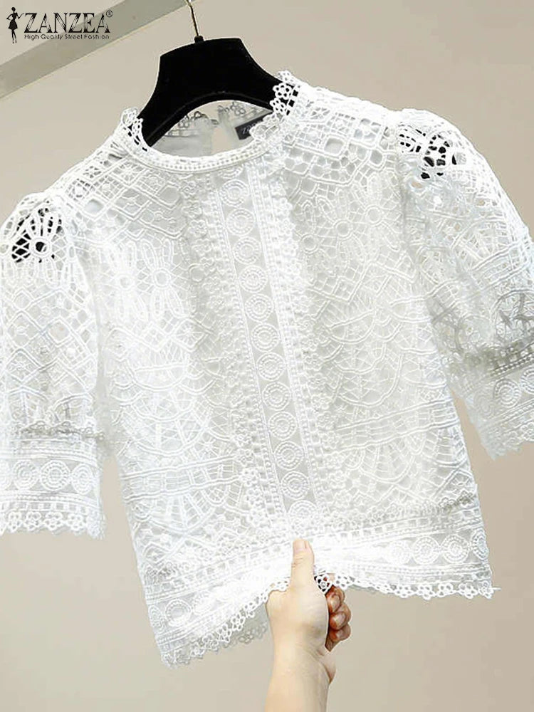 Casual loose hollow-out half puff sleeve top