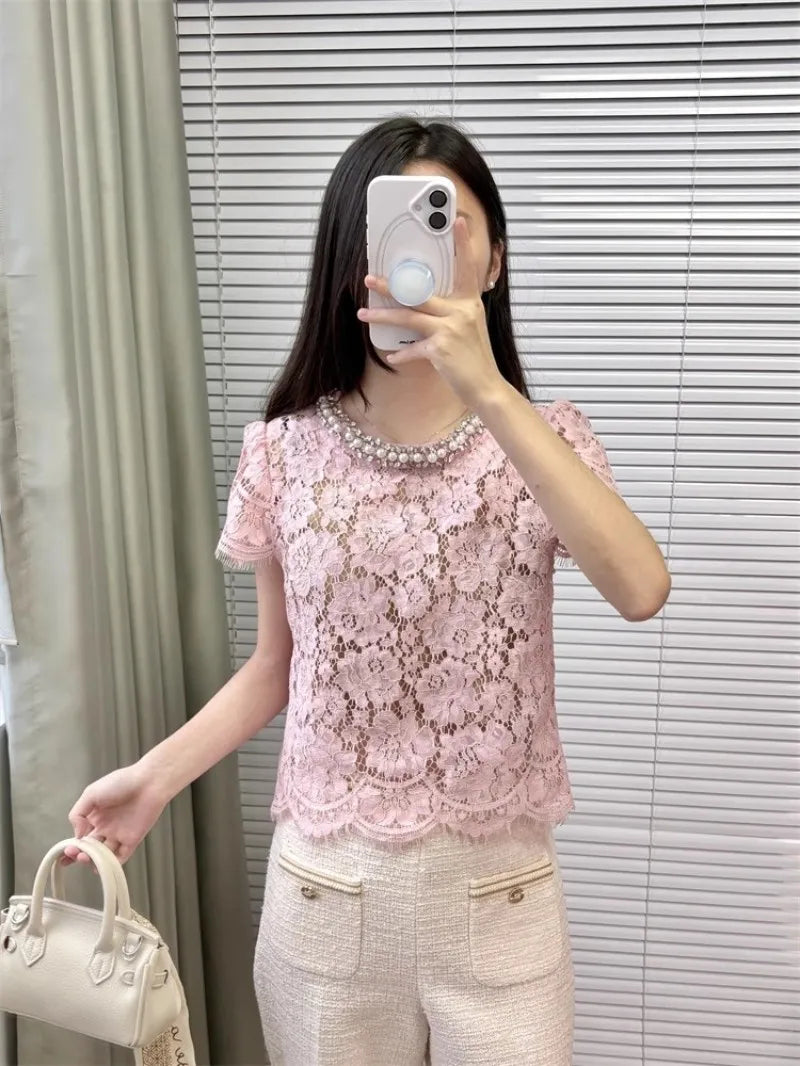 Flower lace hollow-out short sleeve top pearl-embellished