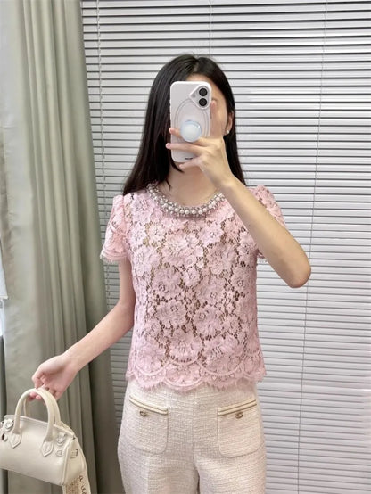 Flower lace hollow-out short sleeve top pearl-embellished