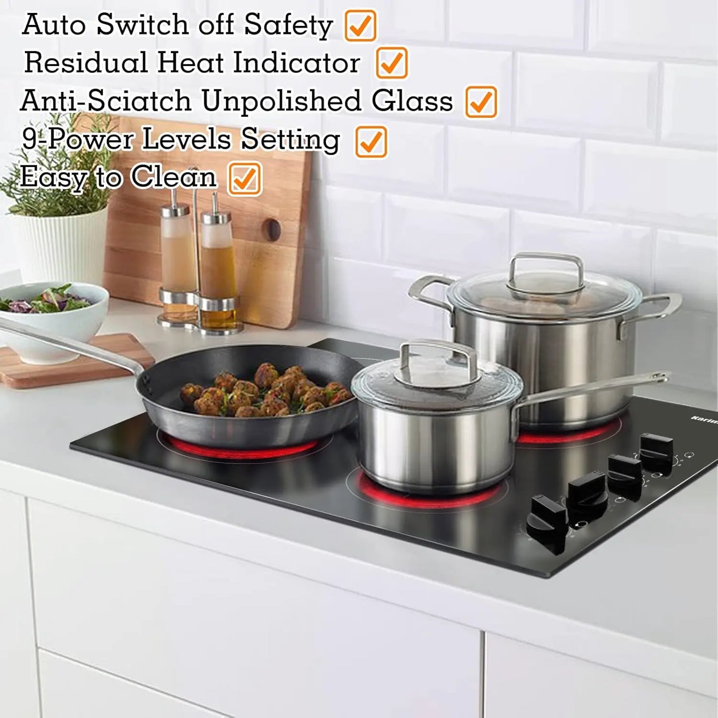 Compact 24" electric cooktop, 4 burners, residual heat indicator, knob operated, hard-wire installation