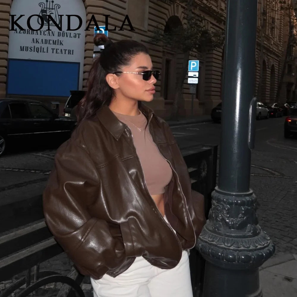 KONDALA 2025 Fall/Winter Brown Business Casual Faux Leather Jacket for Women