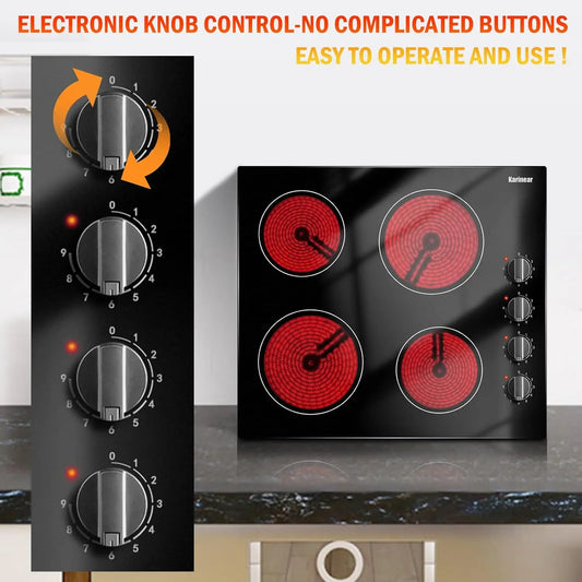 Compact 24" electric cooktop, 4 burners, residual heat indicator, knob operated, hard-wire installation