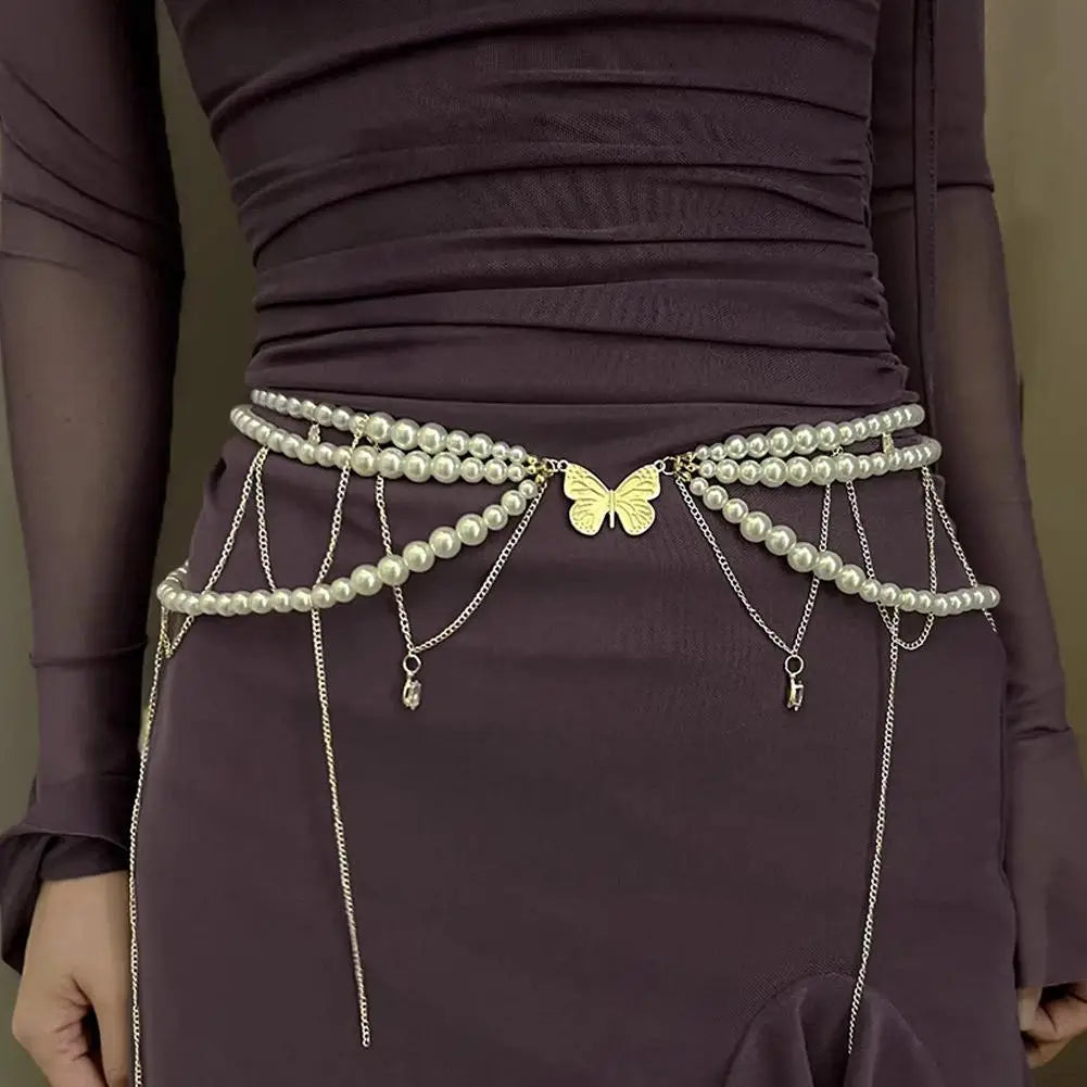 Y2K Pearl Waist Chain – Multilayer Body Jewelry for Women