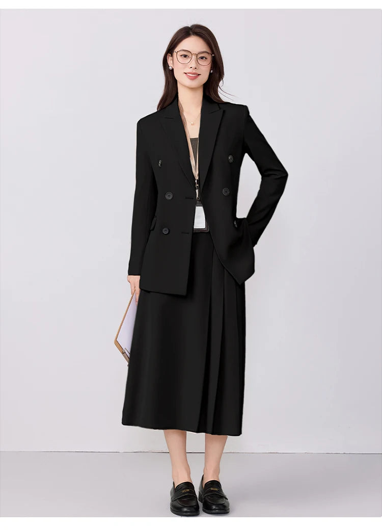 College-style blazer and pleated skirt outfit