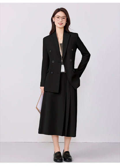 College-style blazer and pleated skirt outfit
