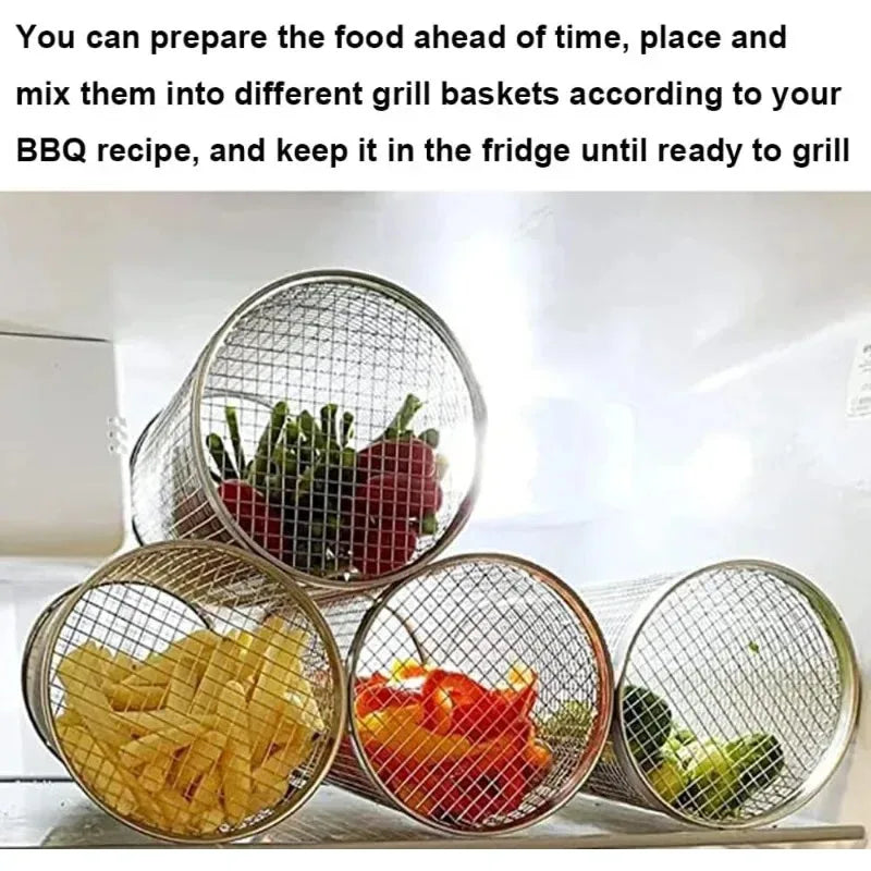 Cylinder grilling cage for vegetables, meat, and seafood on the barbecue