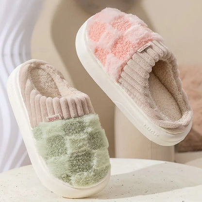 Fashion Couple Winter Slides – Warm Plaid Fluffy Slippers for Home