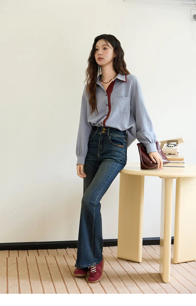 Blue-red contrasting color loose retro top