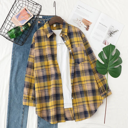Women’s loose plaid shirt long-sleeve casual checked blouse