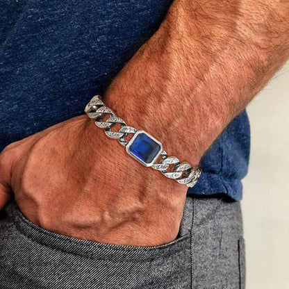 Men’s chunky Cuban chain bracelet with blue stone
