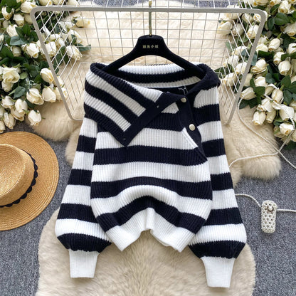 Chic stripe off-shoulder sweater with buttons