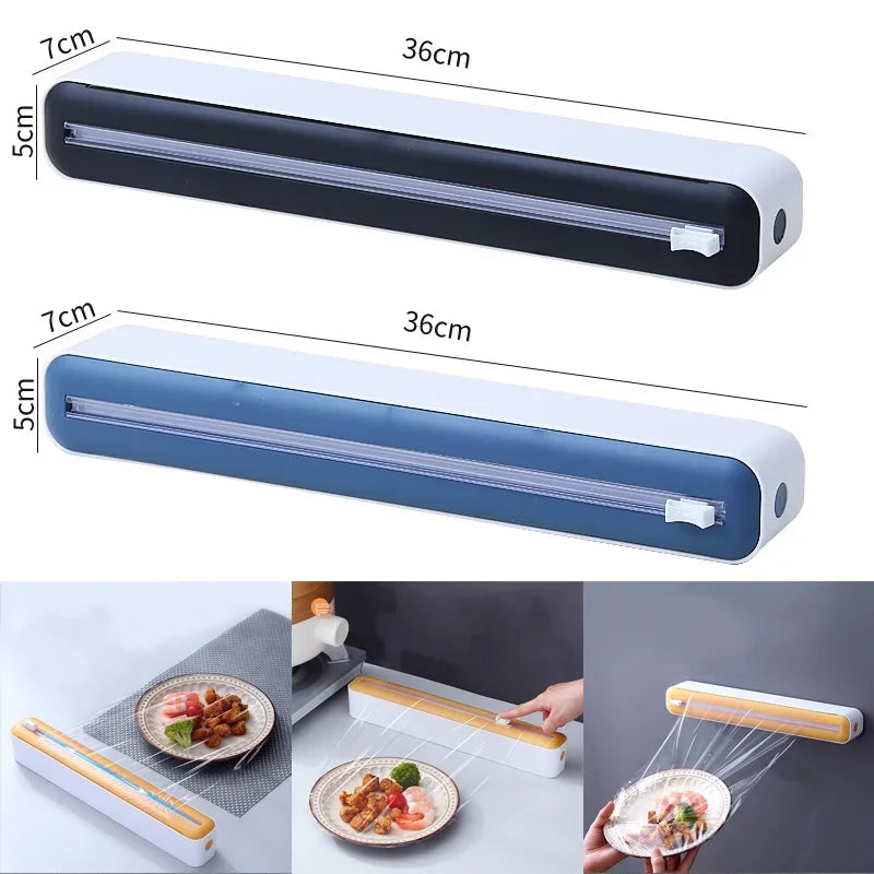 Foil and film storage box with built-in blade