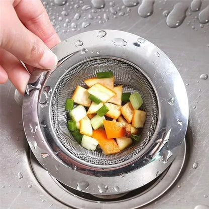 Durable stainless steel drain filter with fine mesh design; fits most sink drain holes