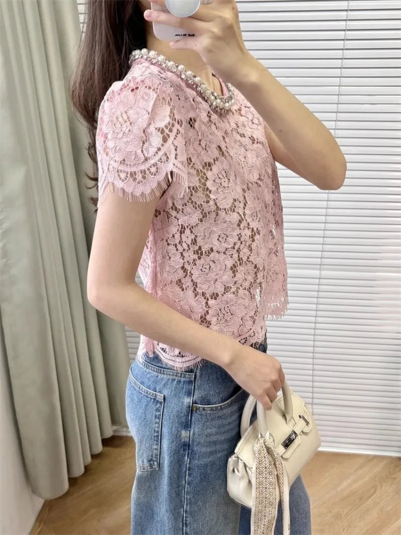 Flower lace hollow-out short sleeve top pearl-embellished
