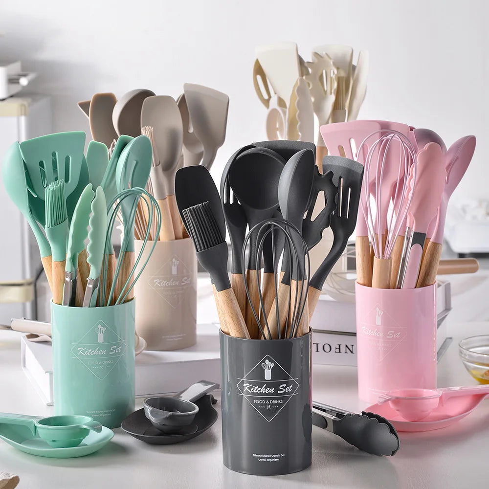 12-piece silicone kitchen utensil set with wooden handles—non-stick safe