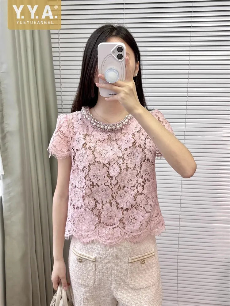 Flower lace hollow-out short sleeve top pearl-embellished