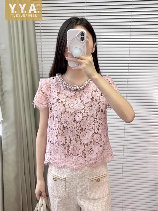 Flower lace hollow-out short sleeve top pearl-embellished