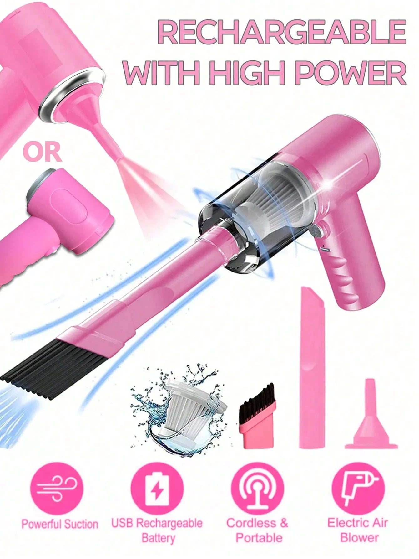 Compact handheld vacuum with suction, blow, and brush functions