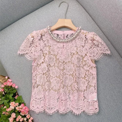 Flower lace hollow-out short sleeve top pearl-embellished