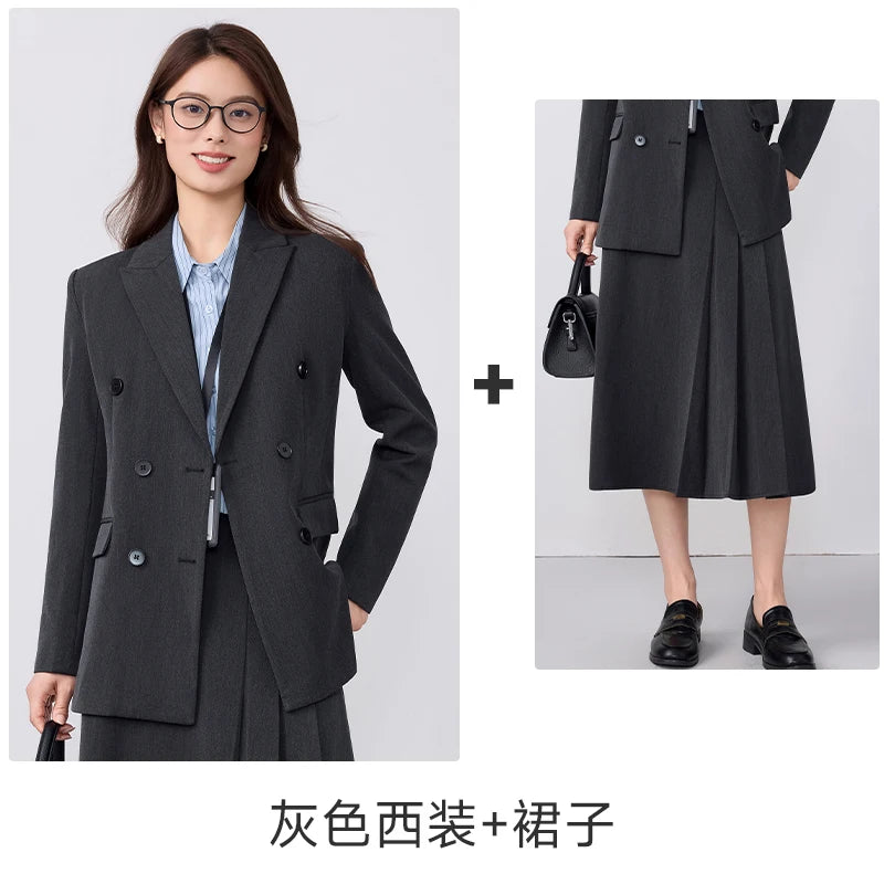 College-style blazer and pleated skirt outfit