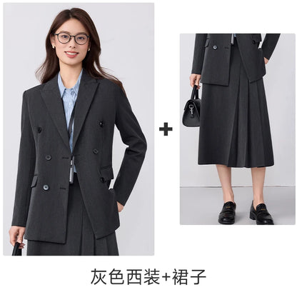 College-style blazer and pleated skirt outfit