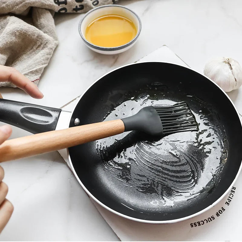 12-piece silicone kitchen utensil set with wooden handles—non-stick safe