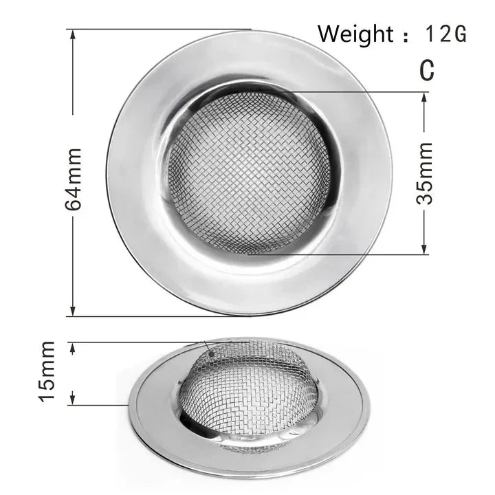 Durable stainless steel drain filter with fine mesh design; fits most sink drain holes