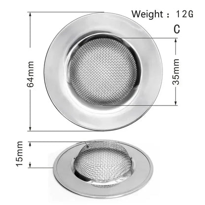 Durable stainless steel drain filter with fine mesh design; fits most sink drain holes