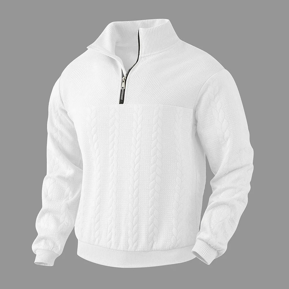 Cozy winter zip sweater with jacquard style — warm, sporty, and casual