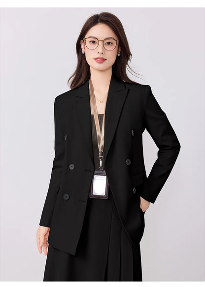 College-style blazer and pleated skirt outfit