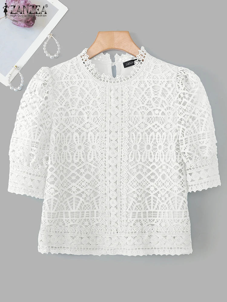 Casual loose hollow-out half puff sleeve top