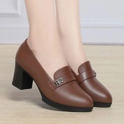 Women’s Soft Leather Loafers – Mid Block Heel, Comfortable Office Shoes
