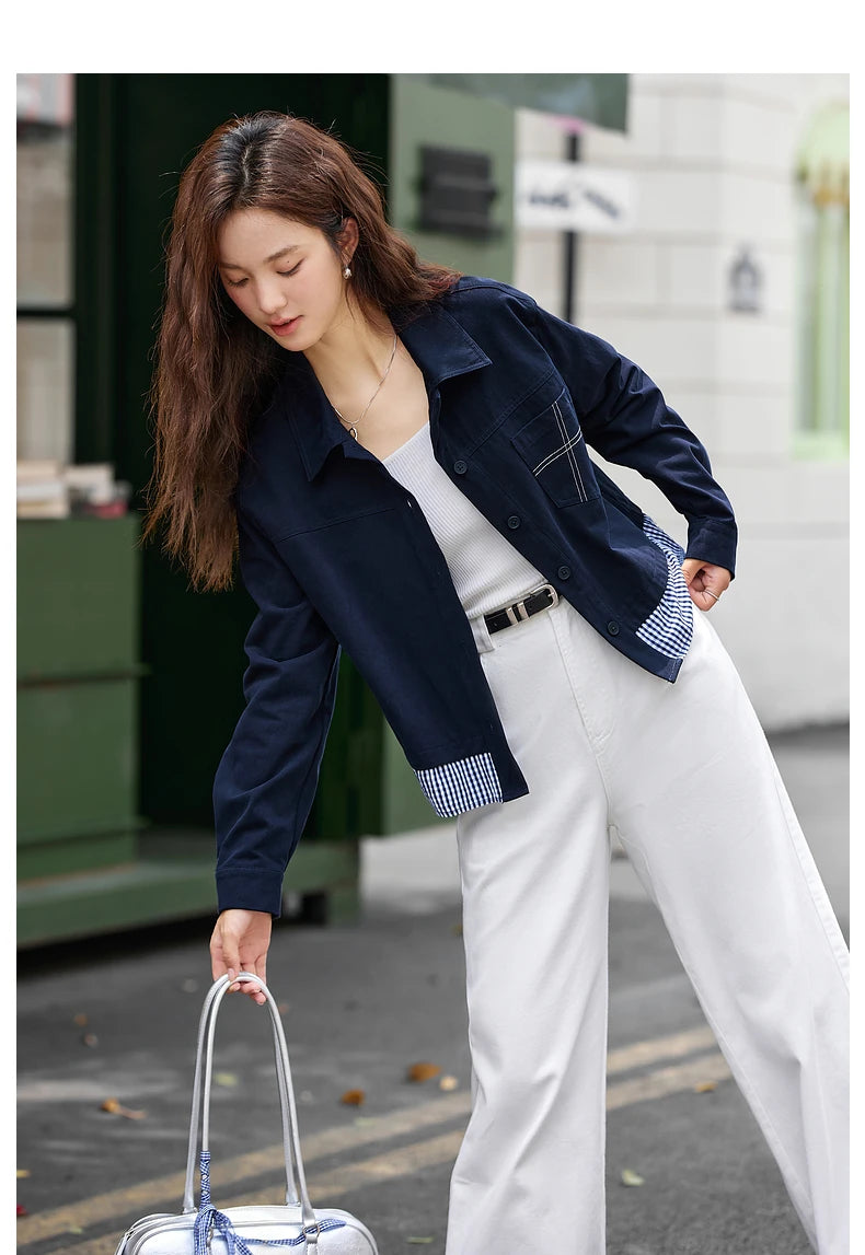 Turn-down collar long-sleeve outerwear for ladies
