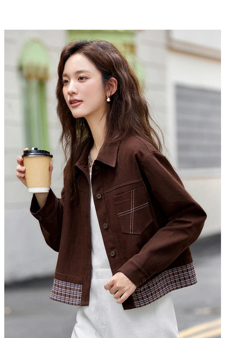 Turn-down collar long-sleeve outerwear for ladies