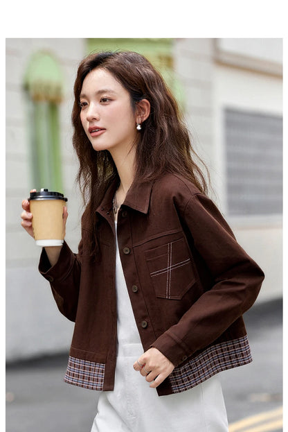 Turn-down collar long-sleeve outerwear for ladies