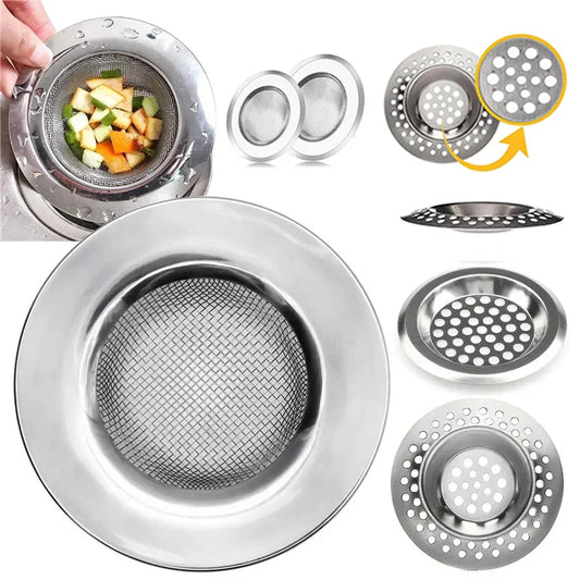 Durable stainless steel drain filter with fine mesh design; fits most sink drain holes